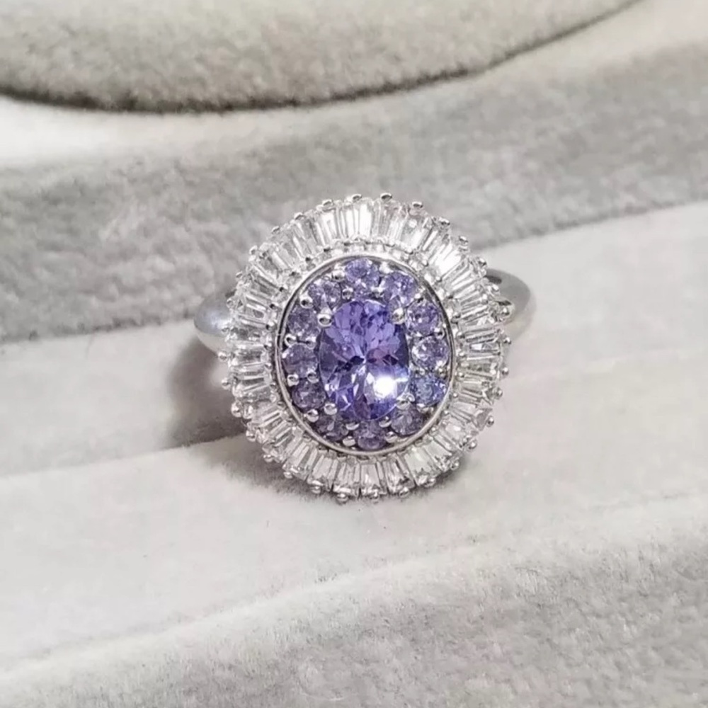 Sterling silver wide Cluster Tanzanite clear baguette cluster ring JTV QVC HSN